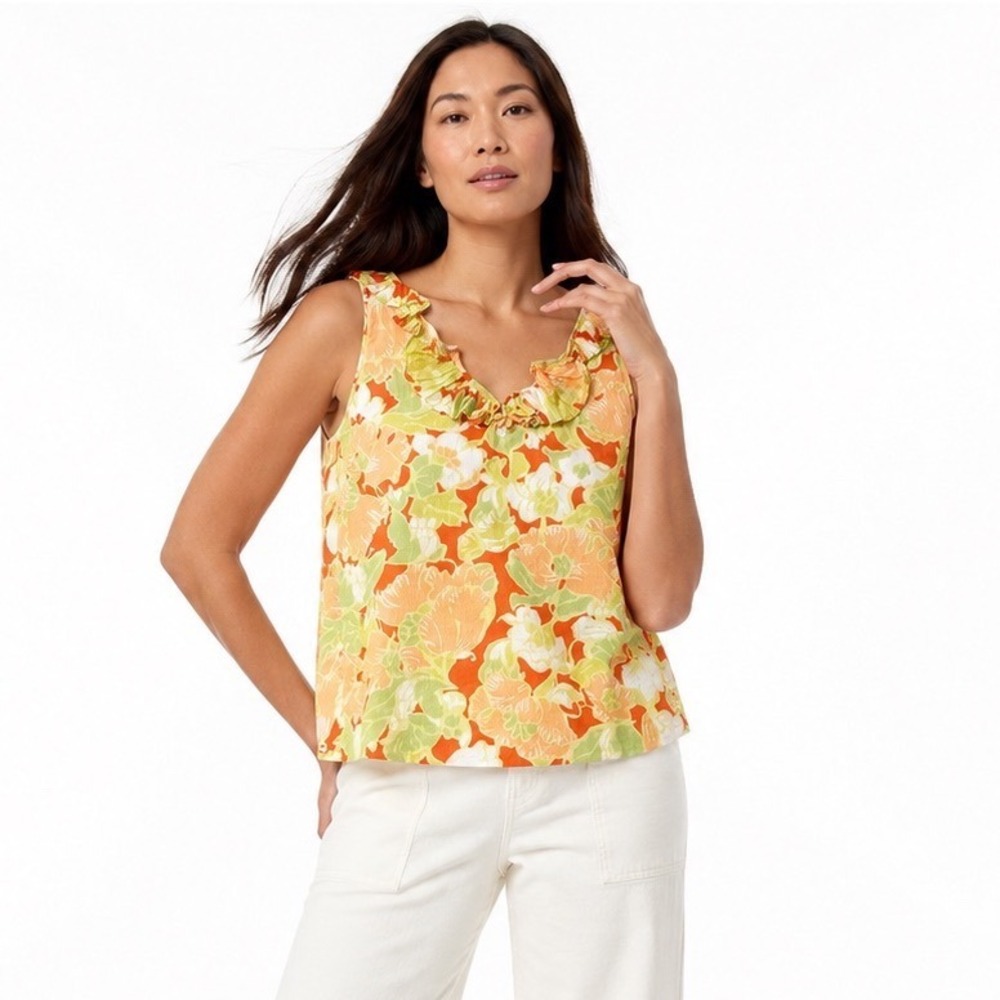 Talbots Tank Top Floral Ruffle Neck Cottagecore  Garden Resort‎ Preppy Womens 16